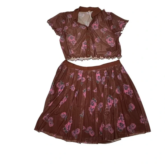 FINAL NWOT FP Florence Mesh Floral Crop Top/Mini Skirt Set m Cocoa combo - Picture 2 of 14